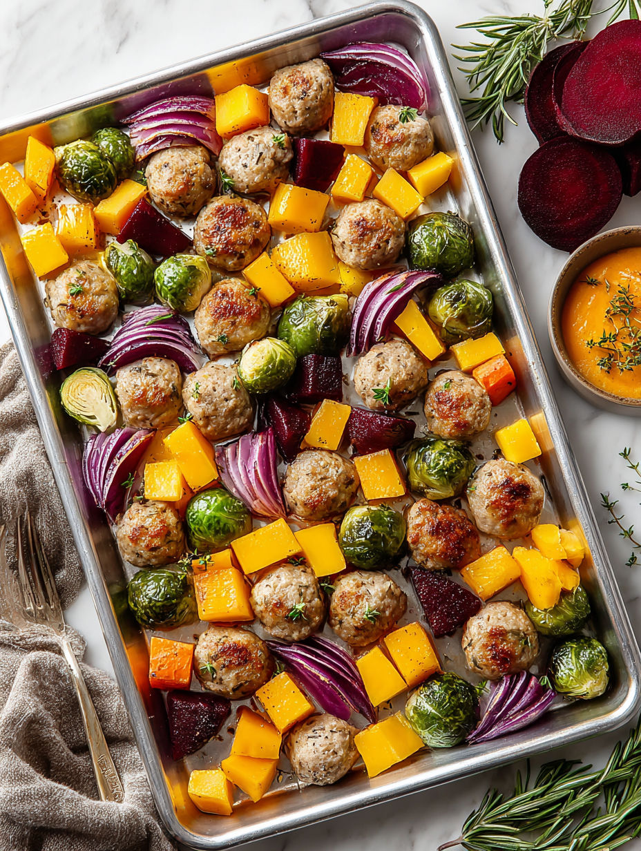 A pan of food with meatballs, onions, and squash.