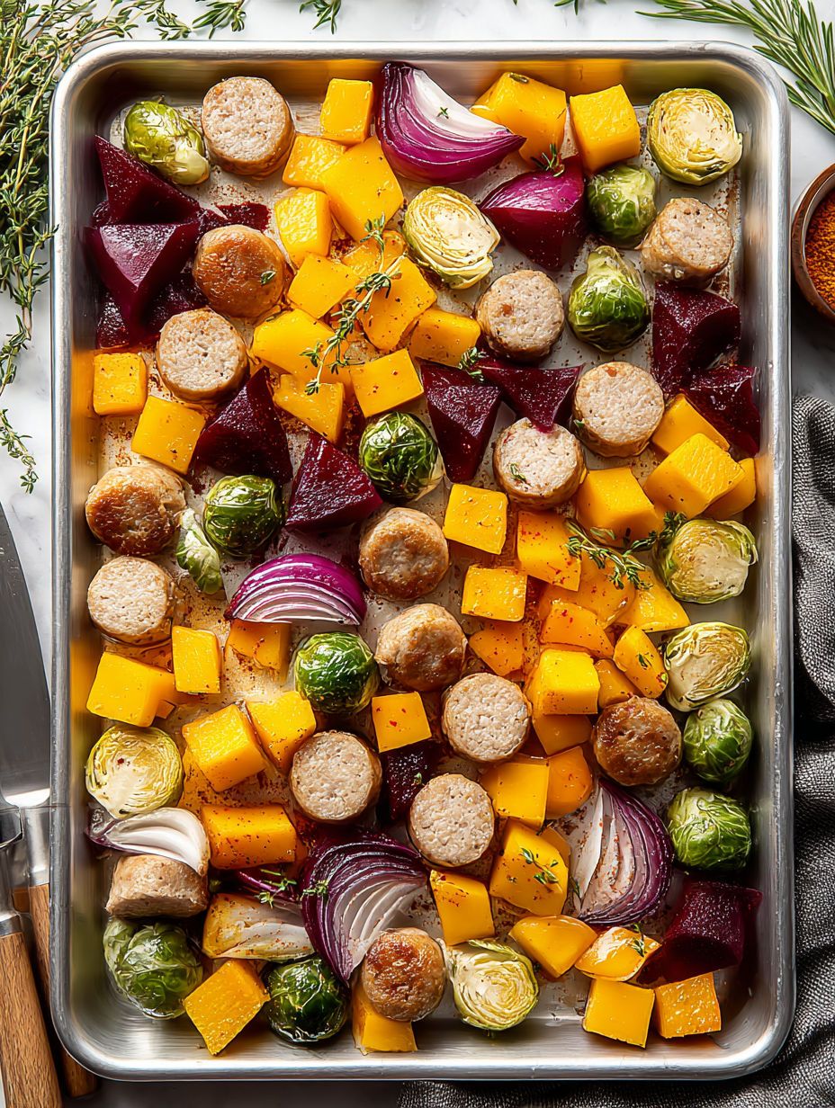 A roasted harvest sheet pan dinner with a variety of vegetables and sausage.