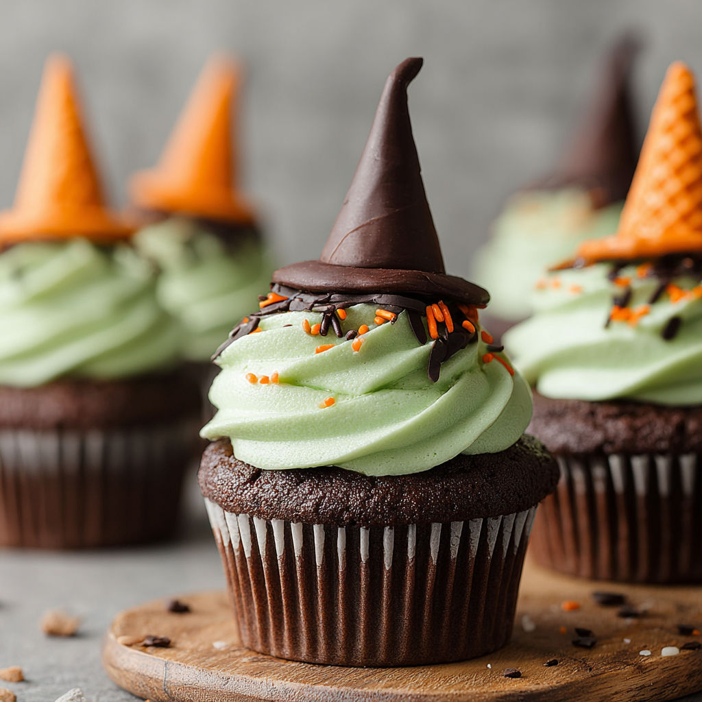Chocolate cupcakes with orange and green frosting and a chocolate witch hat on top.