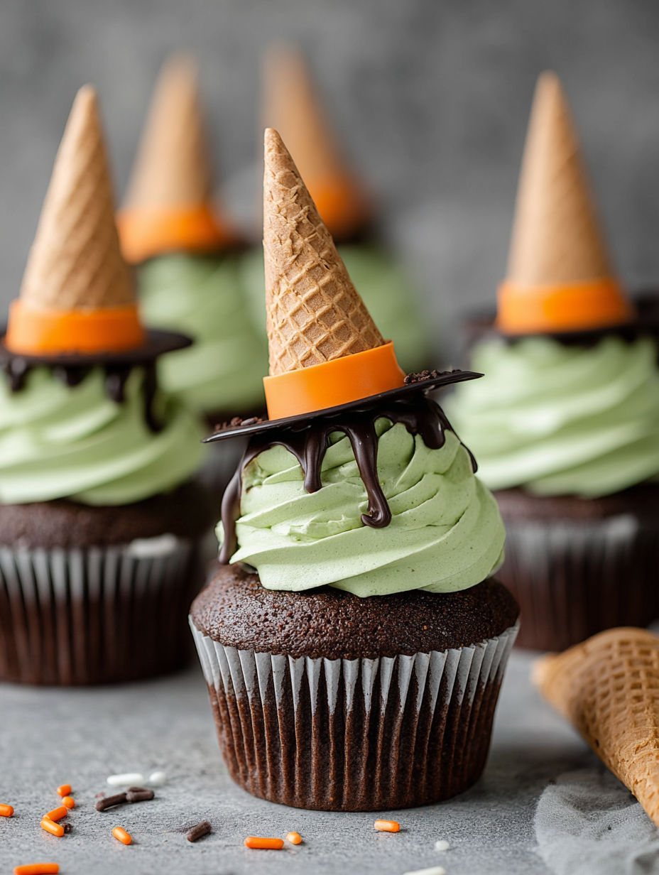 Chocolate cupcakes with orange and green frosting and chocolate drizzle.