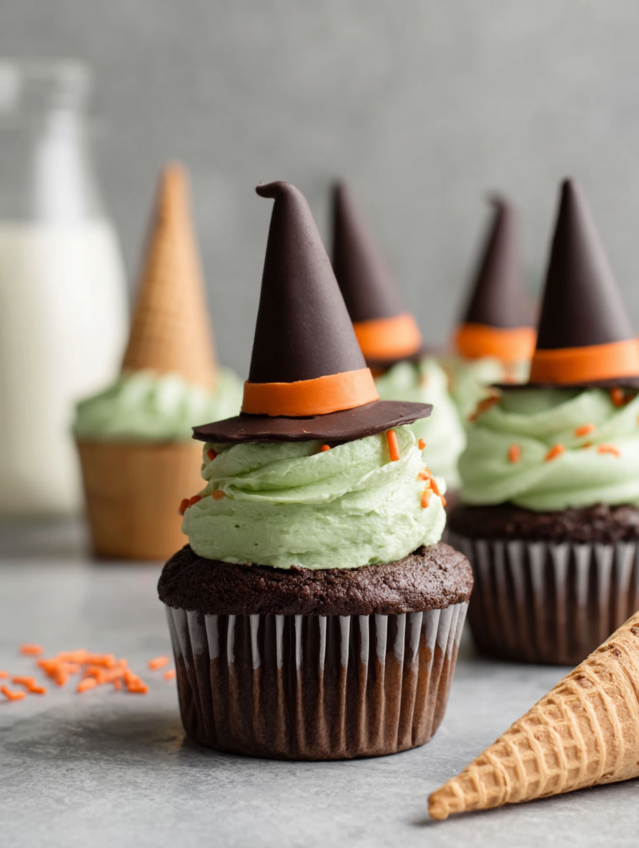 Cupcakes with witch hats on top.
