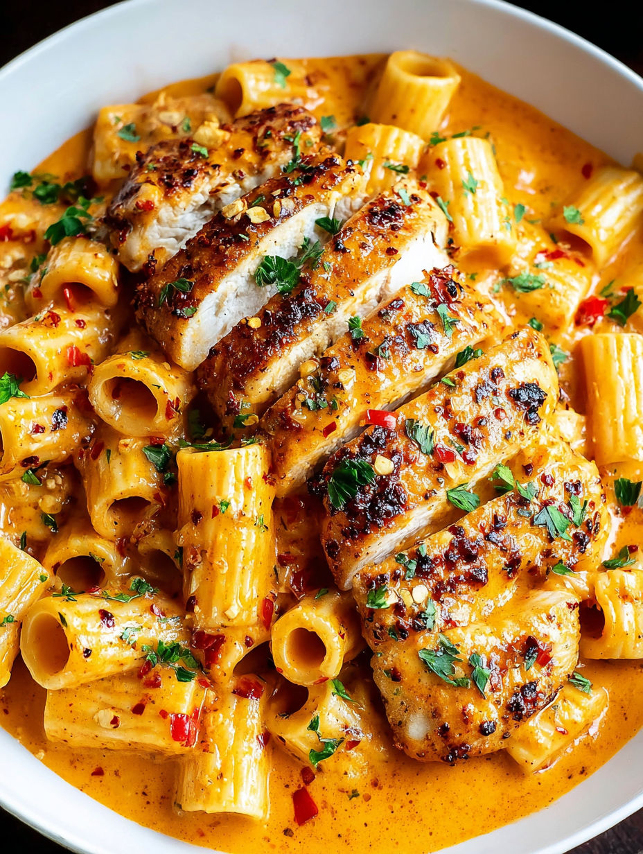 A plate of food with chicken and pasta.