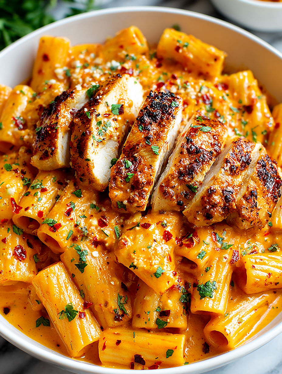 A bowl of pasta with chicken and cheese.