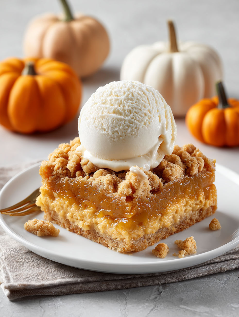A slice of pumpkin dump cake with a scoop of ice cream on top.