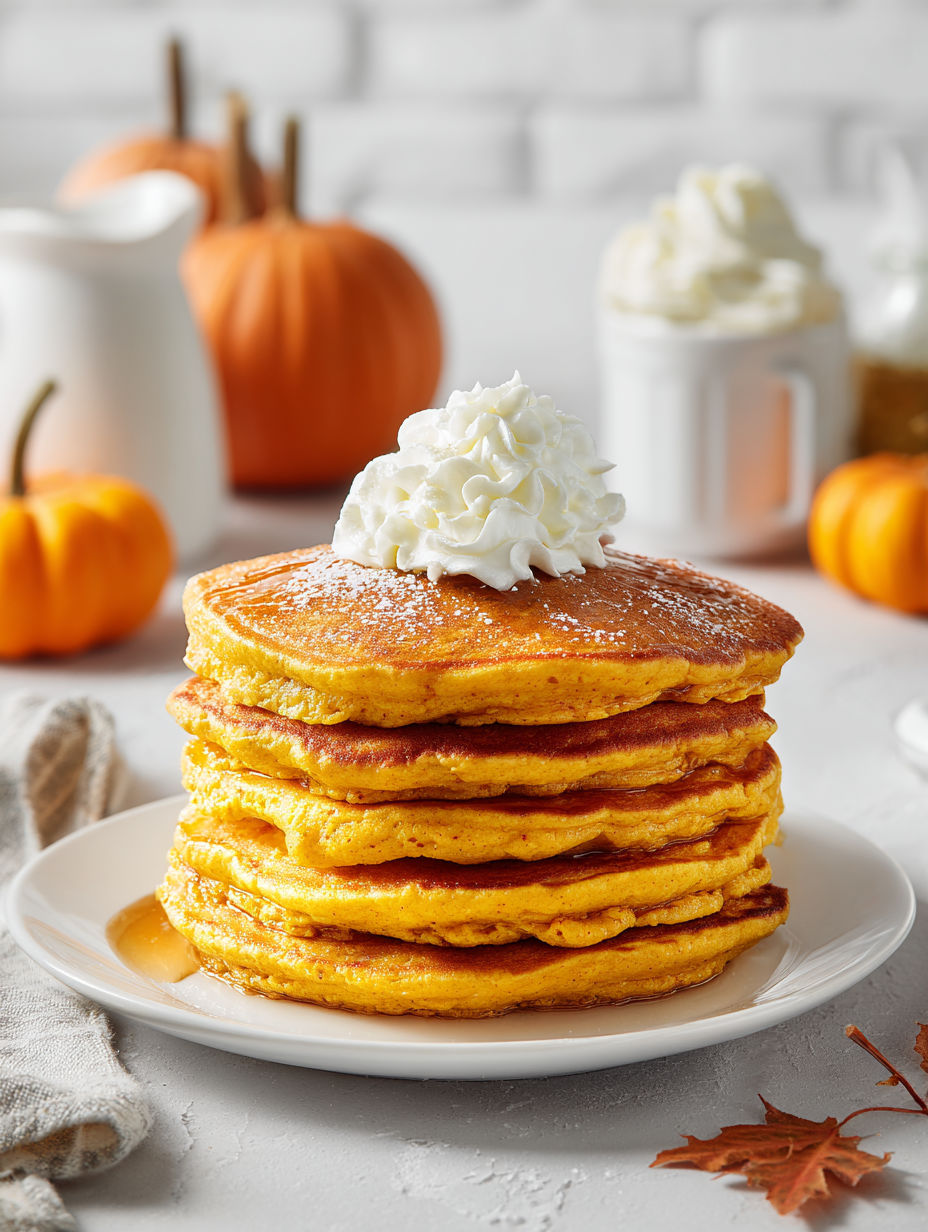 Fluffy pumpkin pancakes with whipped cream on top.
