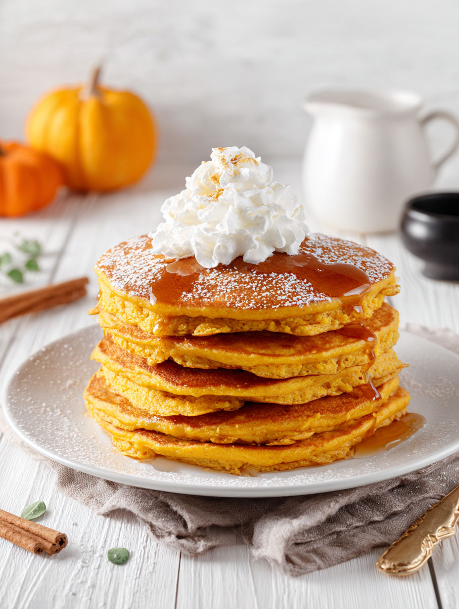 Fluffy pumpkin pancakes with whipped cream on top.