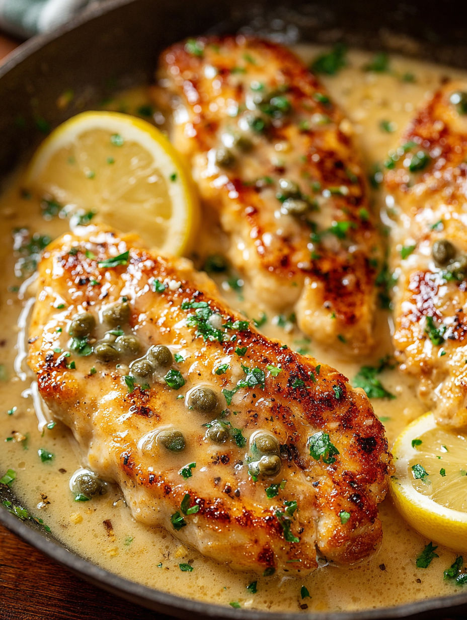 A pan of chicken scallopini with lemon wedges on top.