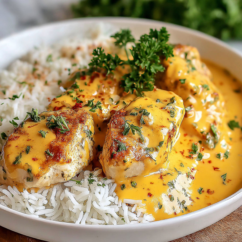 A plate of rice and chicken with a creamy sauce.