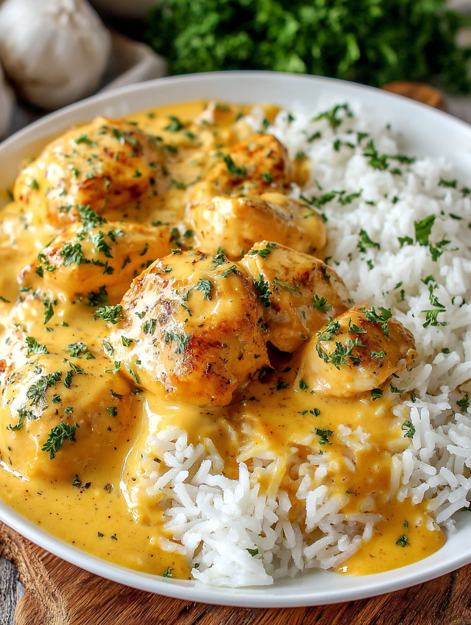 A plate of food with rice and chicken.