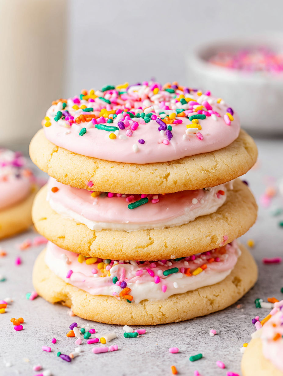 A stack of frosted sugar cake cookies.
