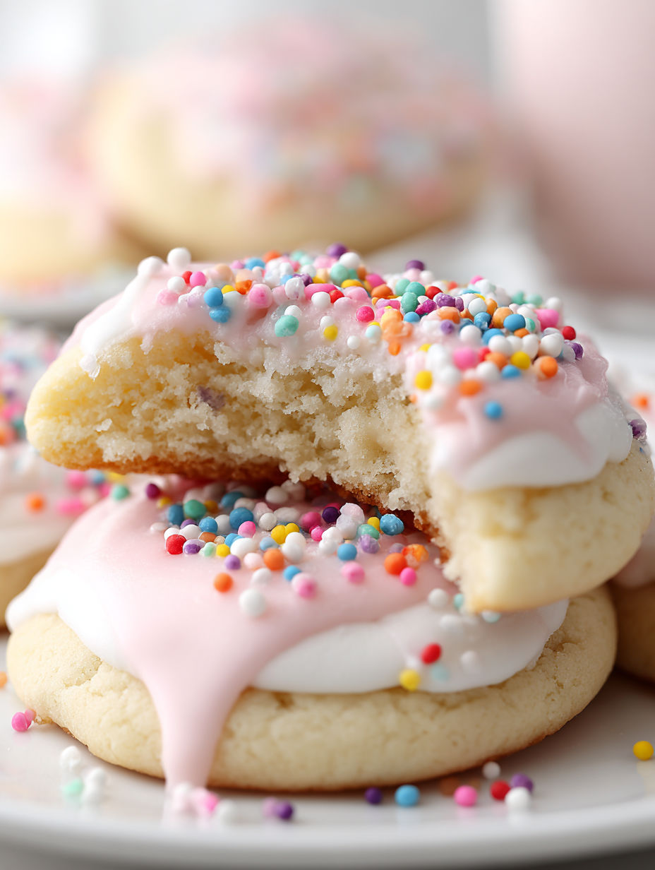 A close up of a frosted sugar cake cookie.