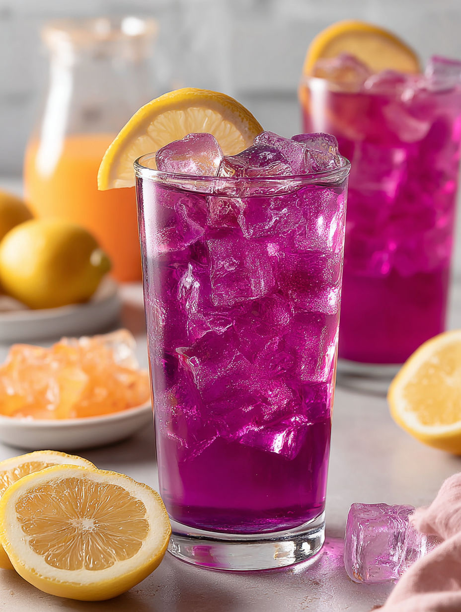 A glass of purple drink with lemon slices.