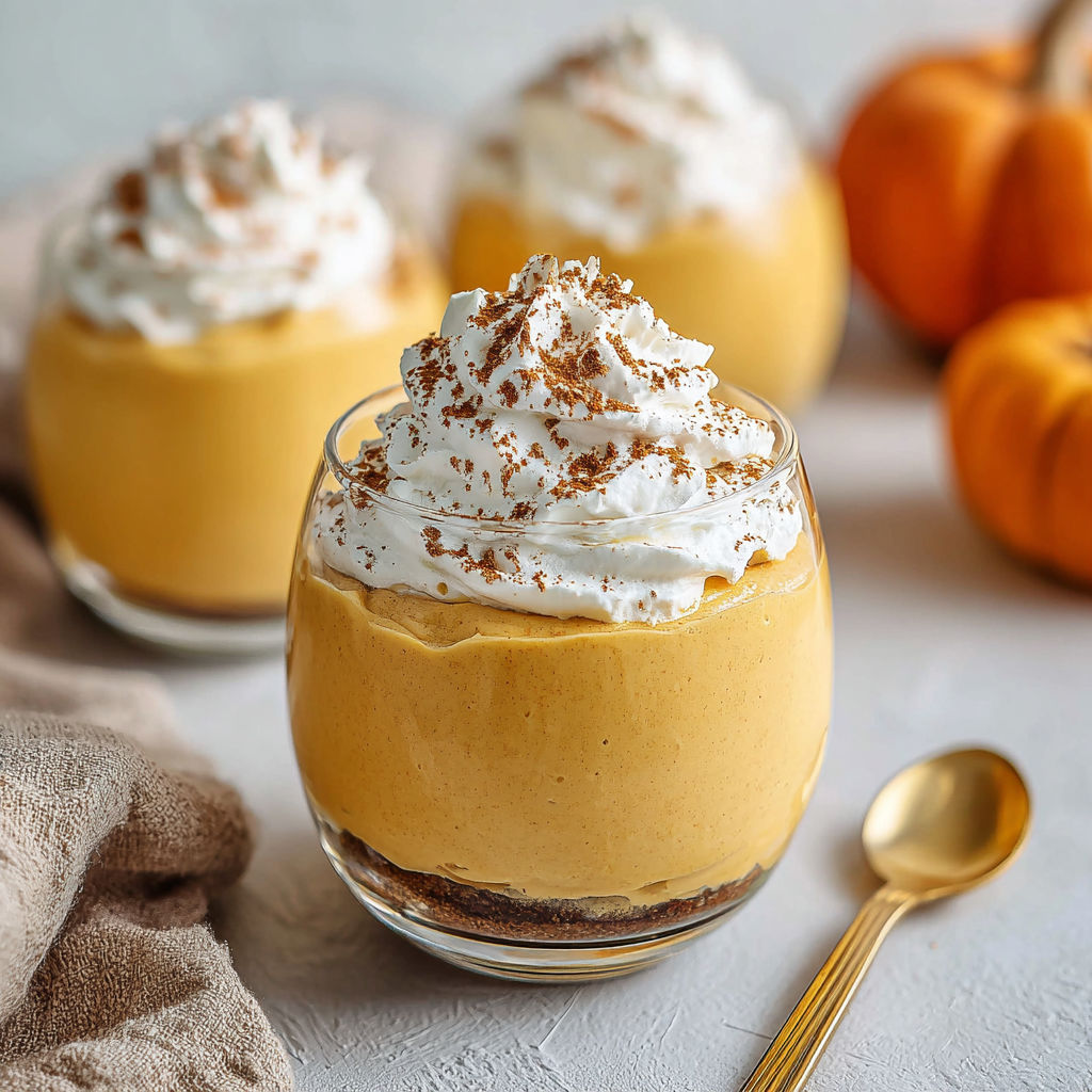 A glass of pumpkin mousse with whipped cream on top.