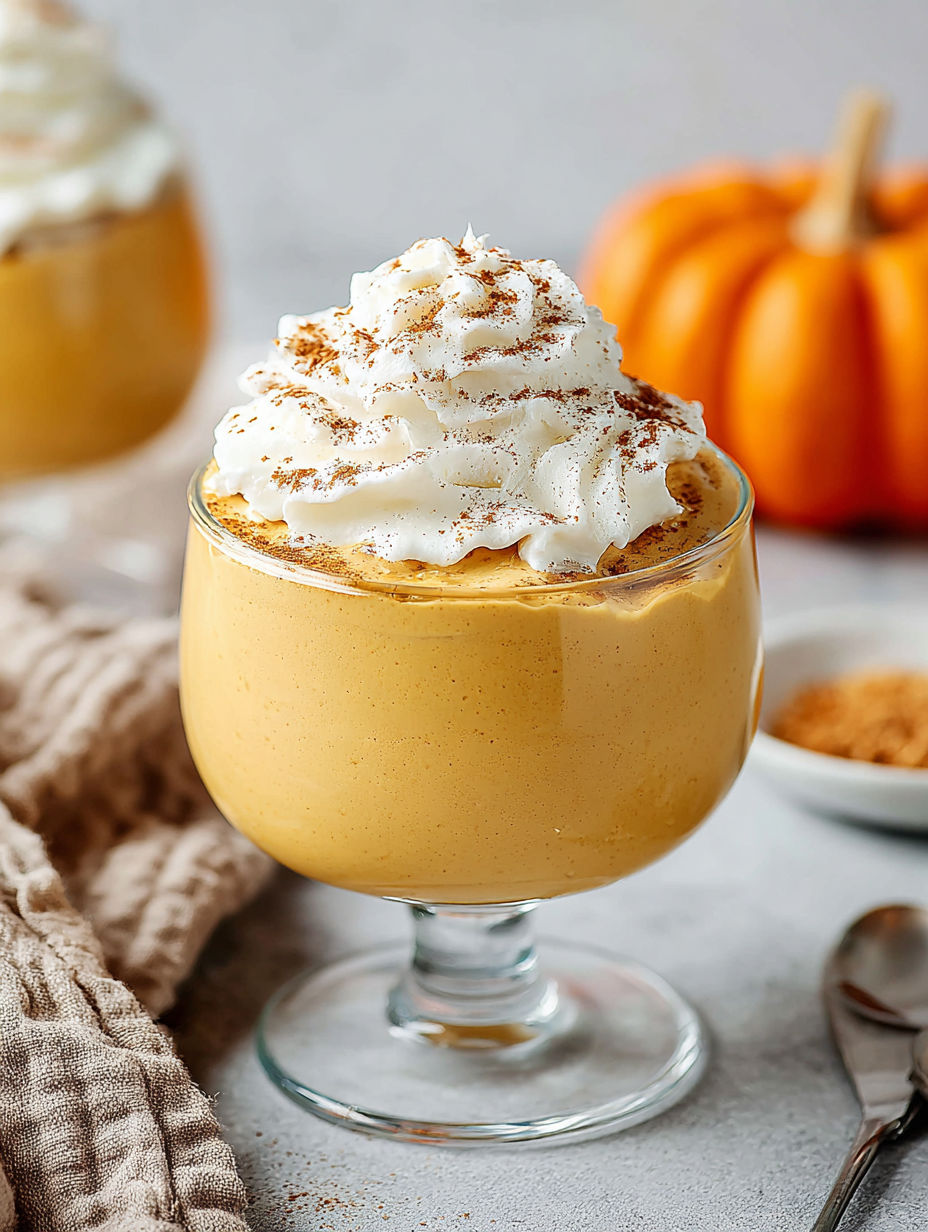 A glass of pumpkin pie with whipped cream on top.