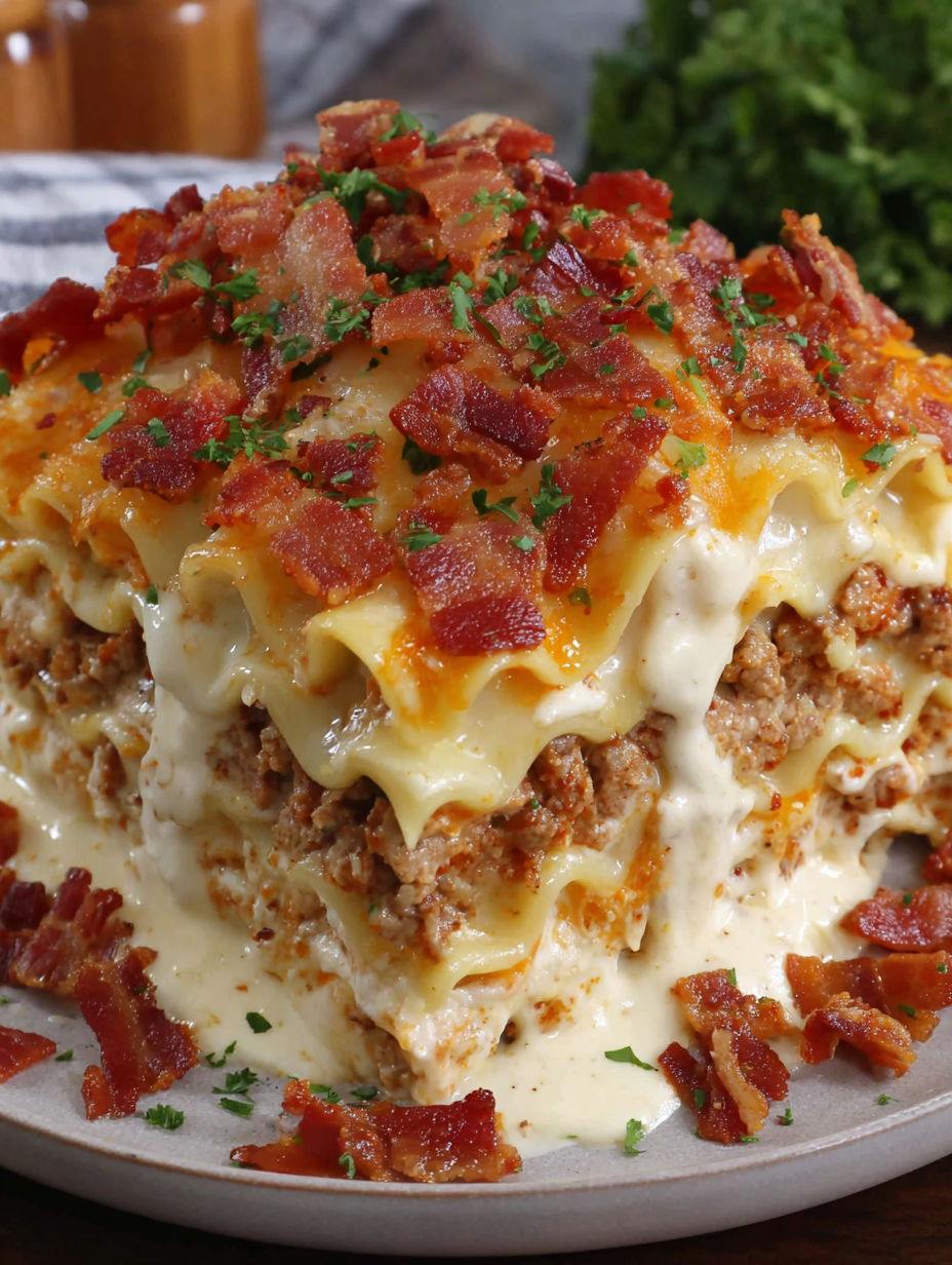 A close up of a Parmesan Garlic Bacon Lasagna.