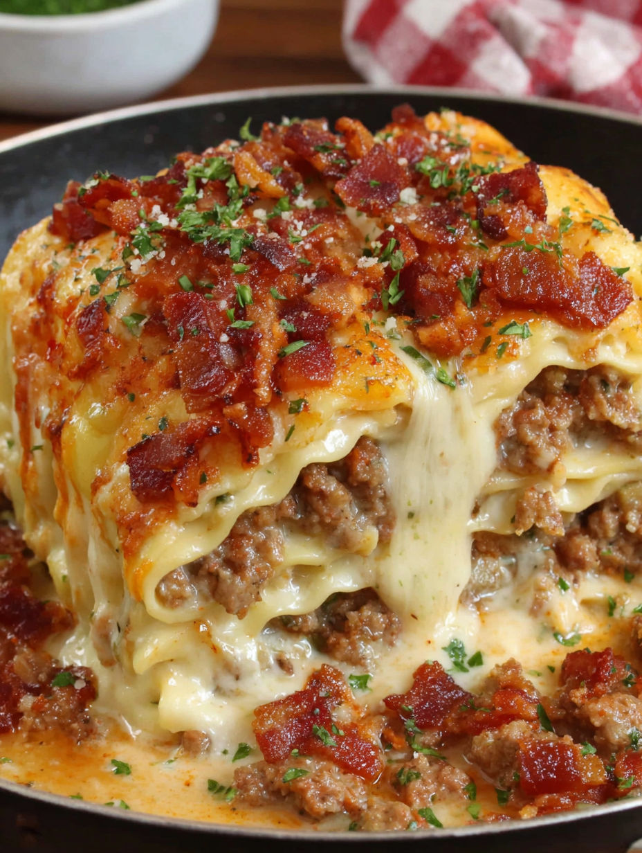 A close up of a Parmesan Garlic Bacon Lasagna.