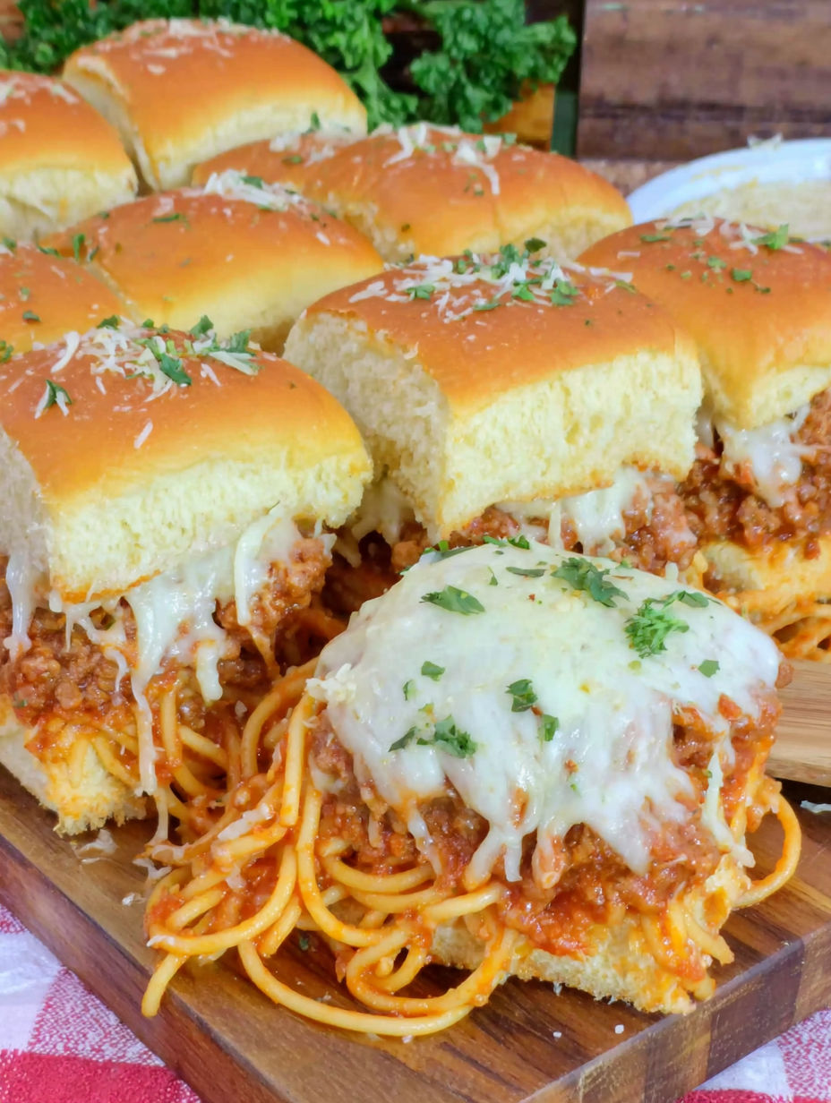 A plate of spaghetti sliders with cheese.