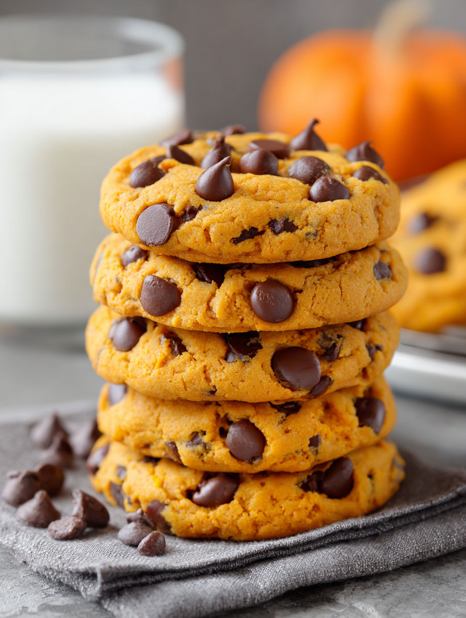 Pumpkin Chocolate Chip Cookies stacked on a plate.