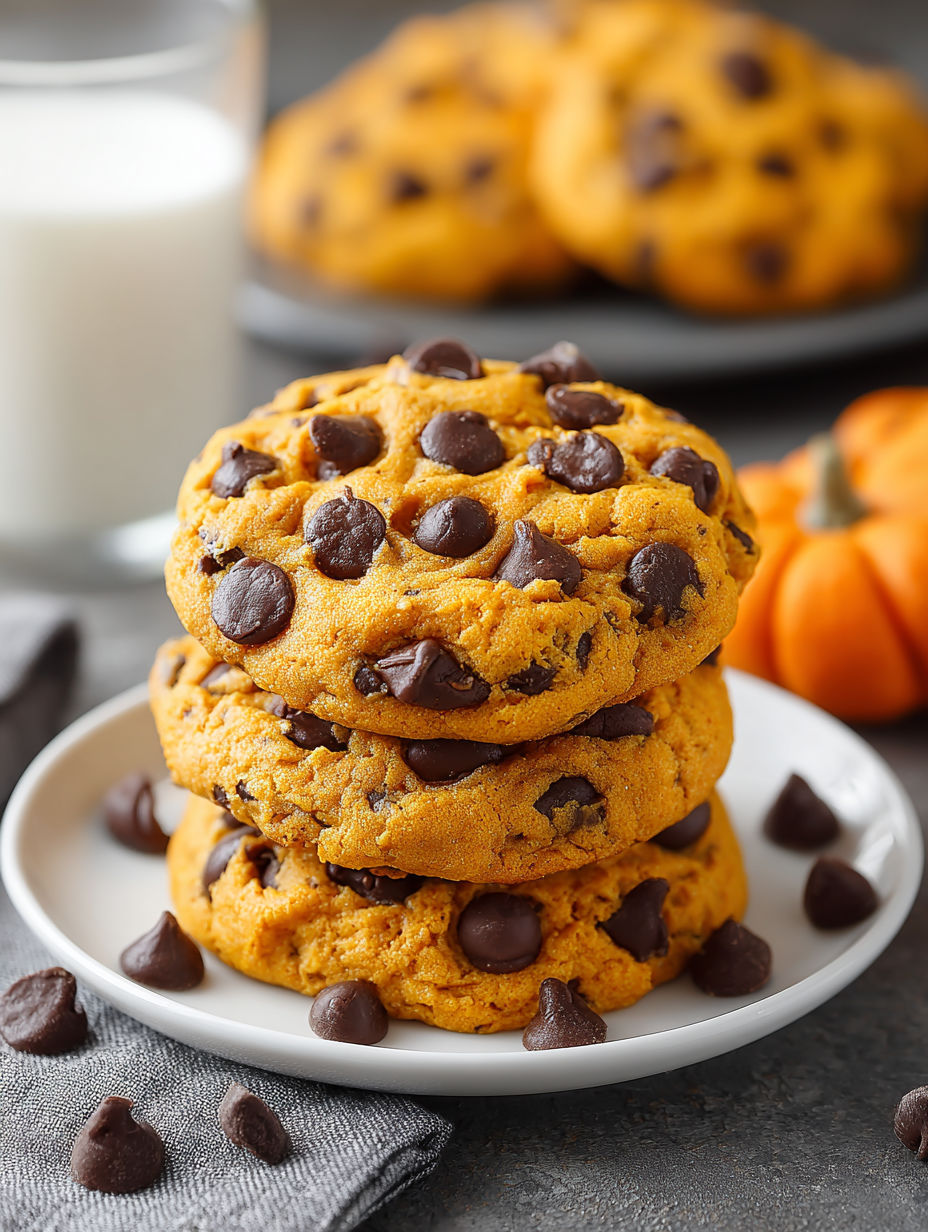 Three stacked pumpkin chocolate chip cookies.