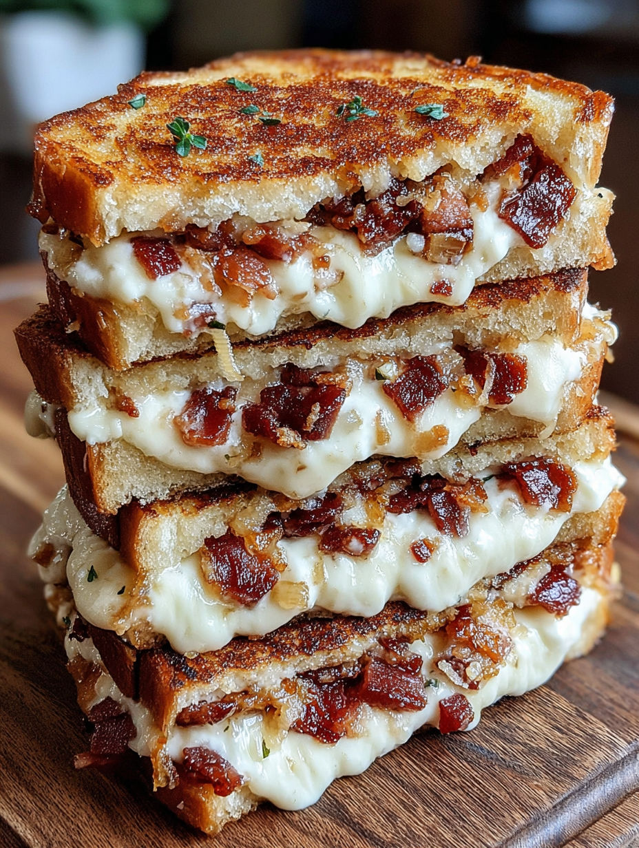 Triple cheese bacon ranch melt sandwiches stacked on a table.