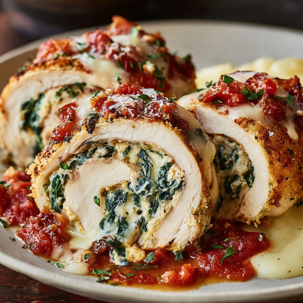 A plate of chicken spinach cheese rollatini.
