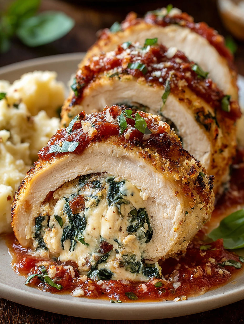 A chicken spinach cheese rollatini on a plate.