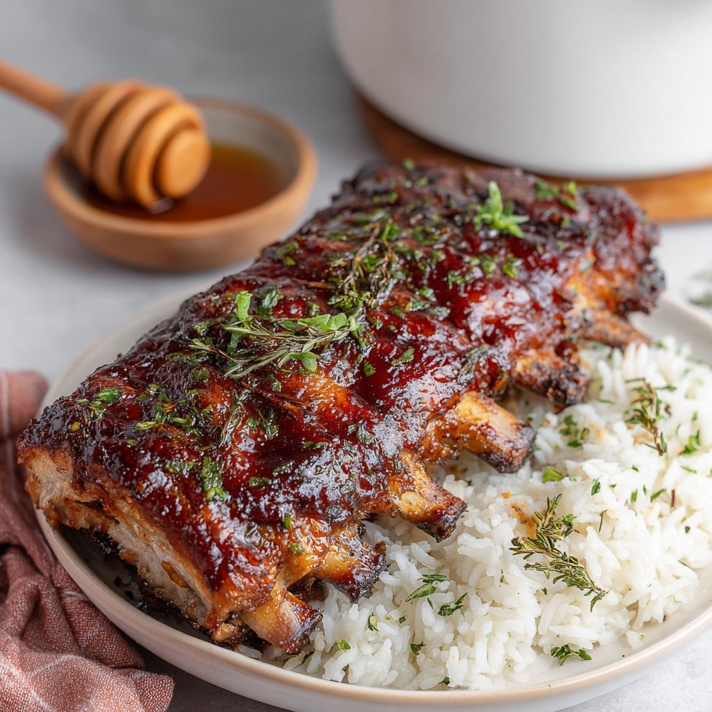 A plate of ribs with rice and a honey dipping sauce.