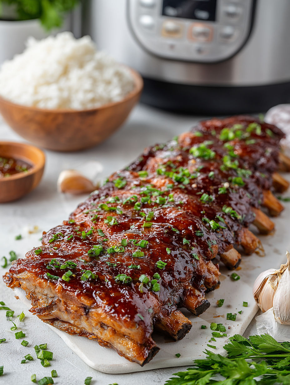 A close up of a ribs dish with a bowl of rice and a bowl of onions.