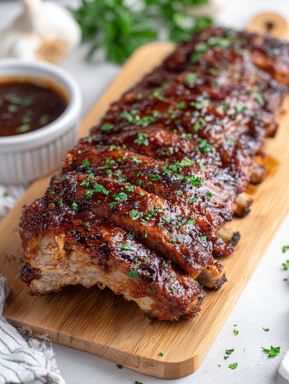 A ribs dish with a sauce and a side of coleslaw.
