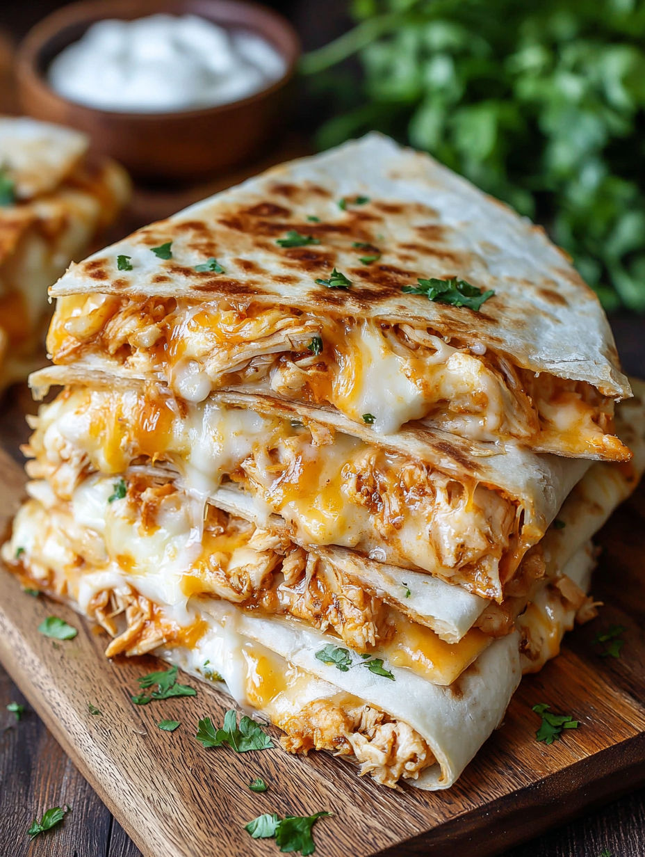 A stack of quesadillas with cheese and meat.