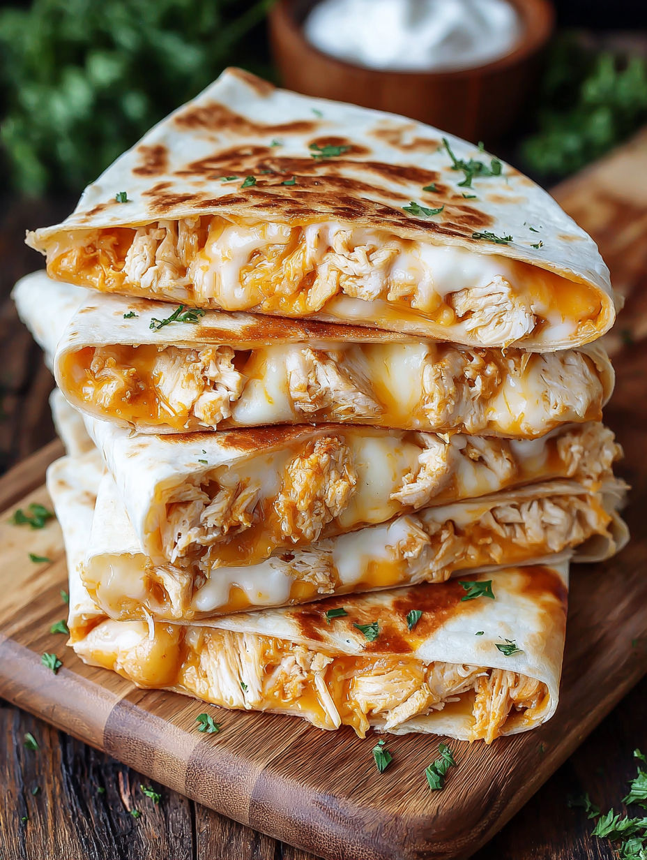 A stack of chicken quesadillas on a cutting board.