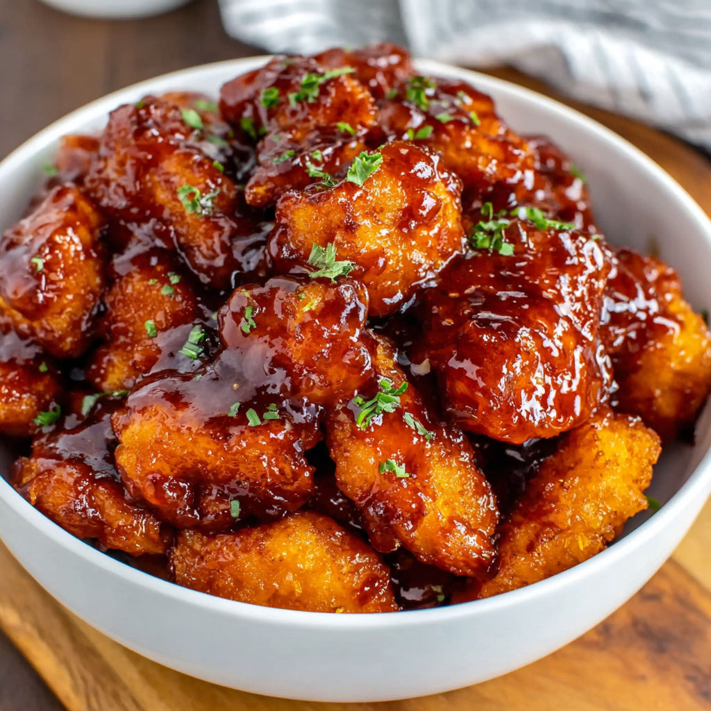 A bowl of orange chicken with sauce.