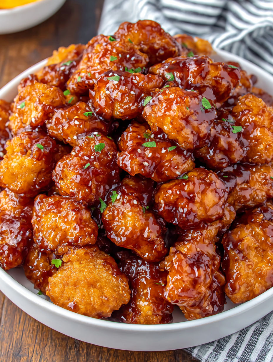 A bowl of chicken with orange sauce.