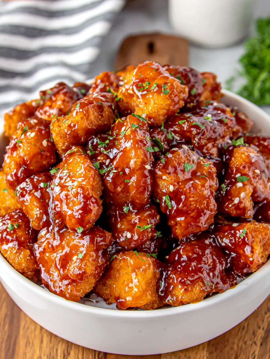 A bowl of orange chicken with sauce.