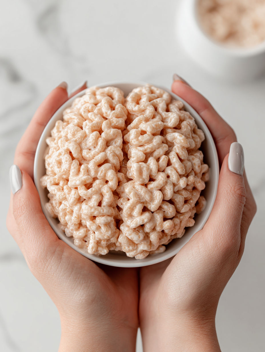 A hand holding a bowl of Rice Krispie treats shaped like a brain.