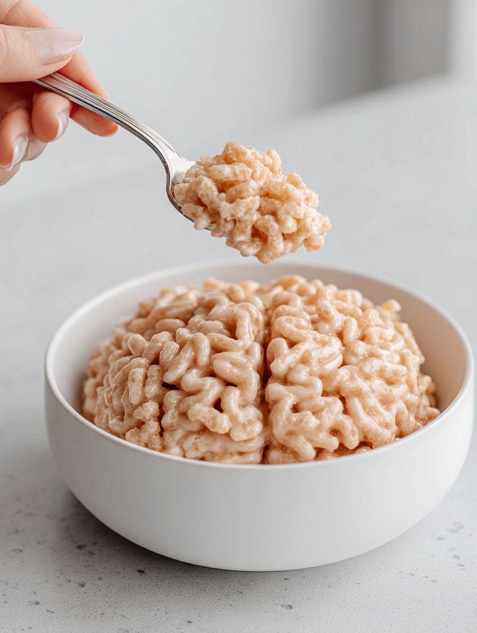 A hand scooping Rice Krispies into a bowl.