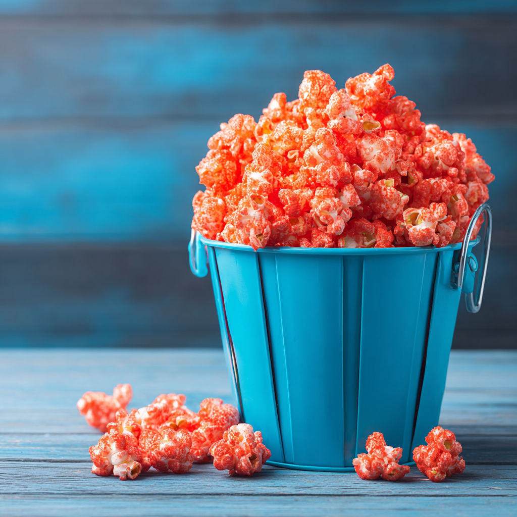 A blue bowl filled with red candy-coated popcorn.