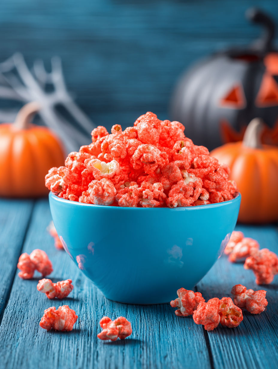 A bowl of red candy-coated popcorn sits on a table.