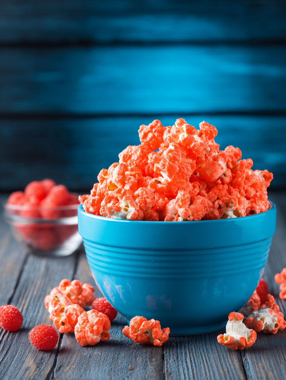 A bowl of red candy-coated popcorn.