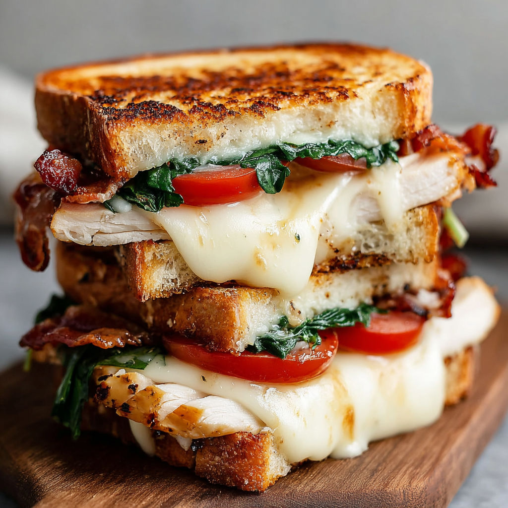 A sandwich with chicken, bacon, tomatoes, lettuce, and cheese.