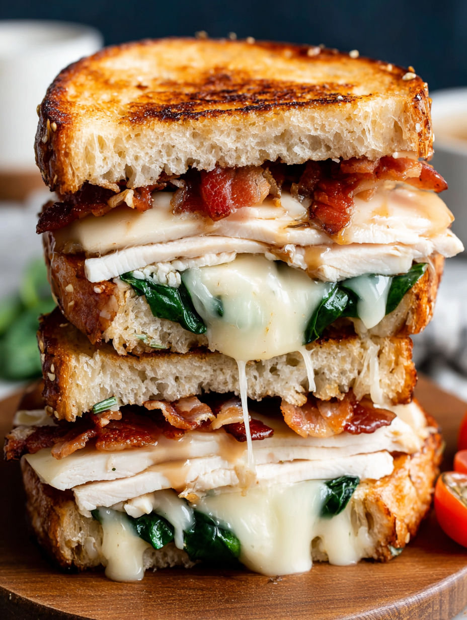 A stack of three turkey melt sandwiches with bacon and cheese.