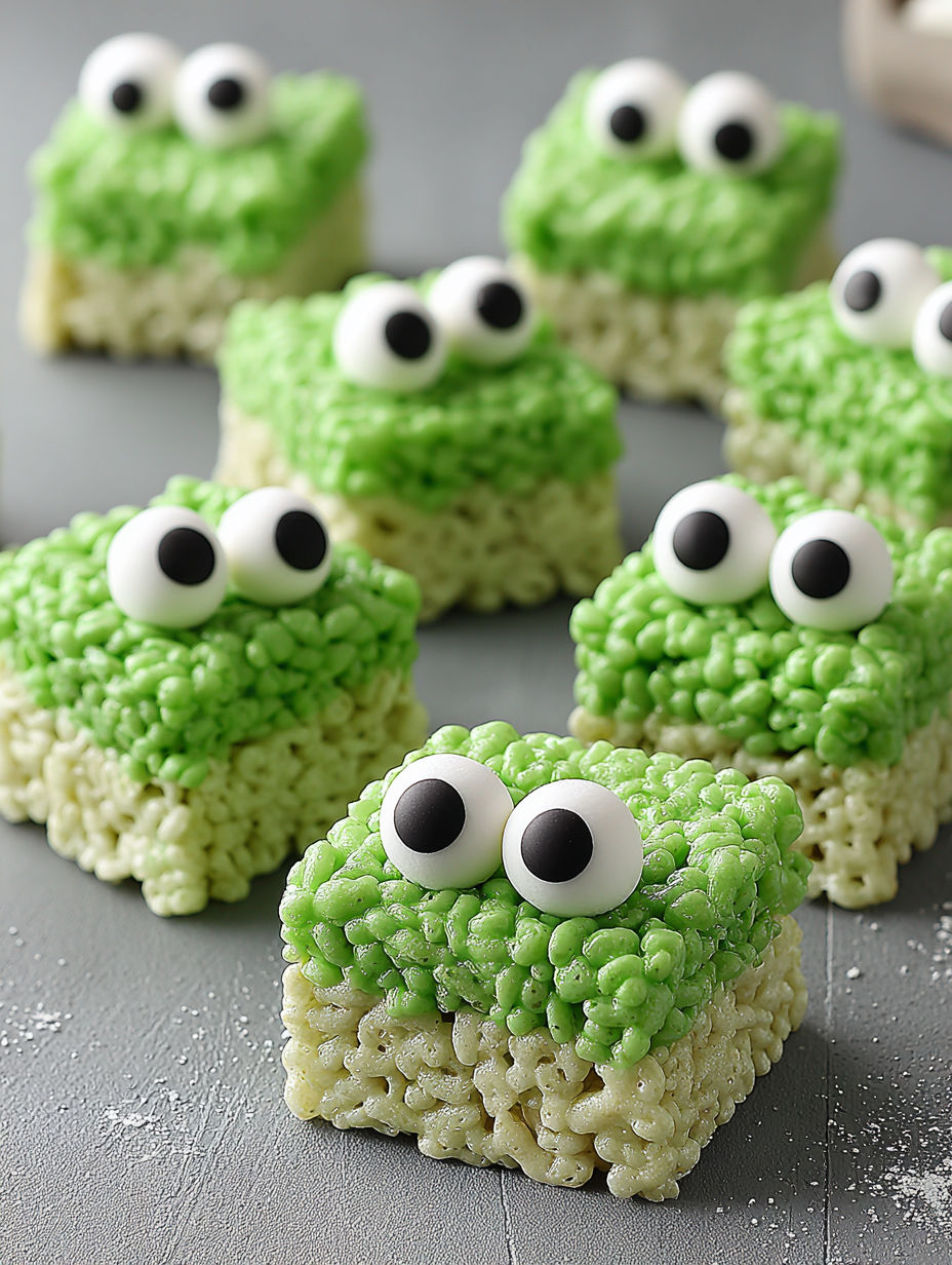 Green rice krispie treats with googly eyes.