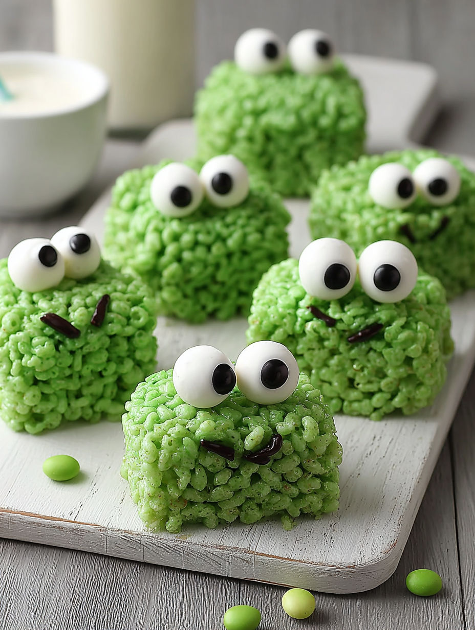 Green rice krispie treats with eyes.