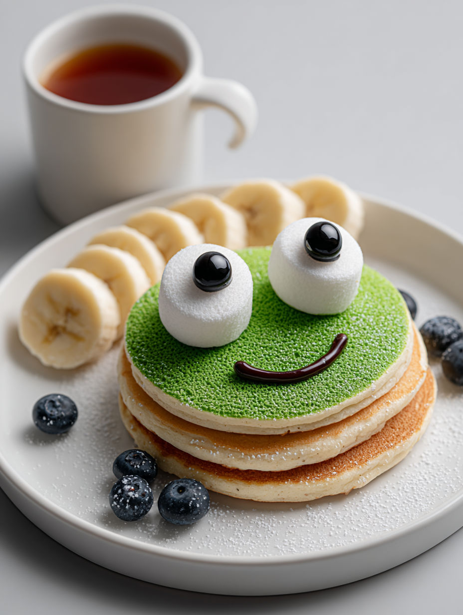 A plate of pancakes with a green face and a blueberry on top.