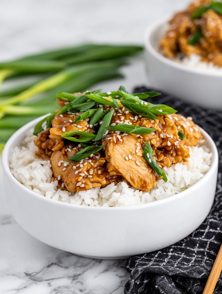 A bowl of rice with chicken and vegetables.