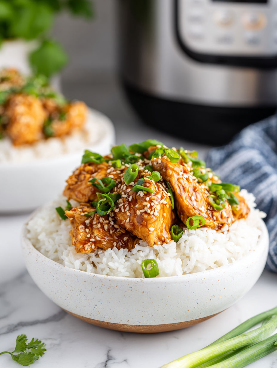 A bowl of rice with chicken and green onions.