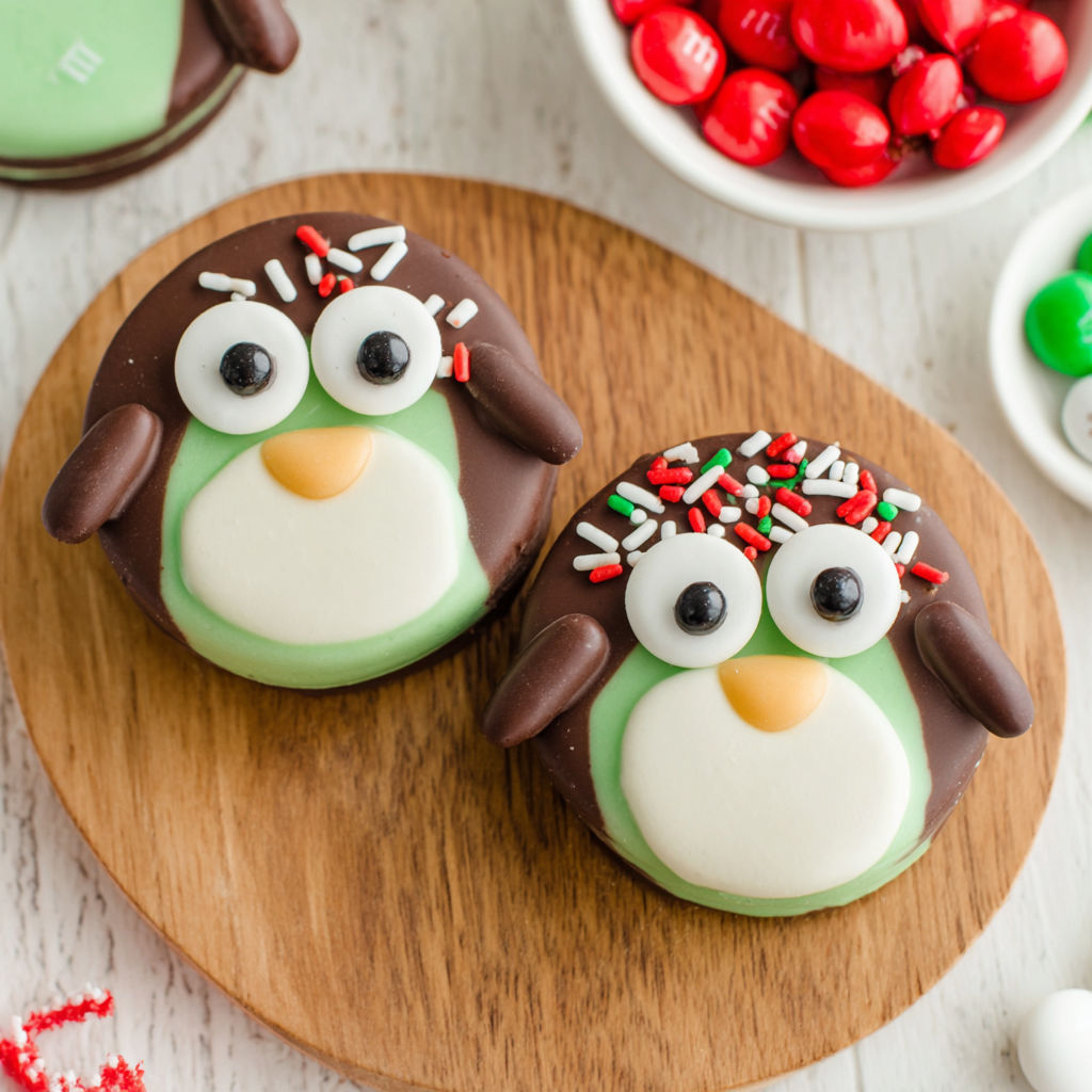 Two cute penguin oreos on a wooden board.