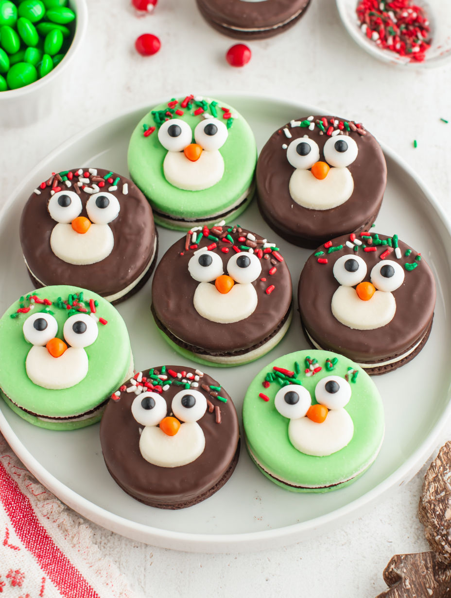 A plate of cookies with eyes and noses on them.