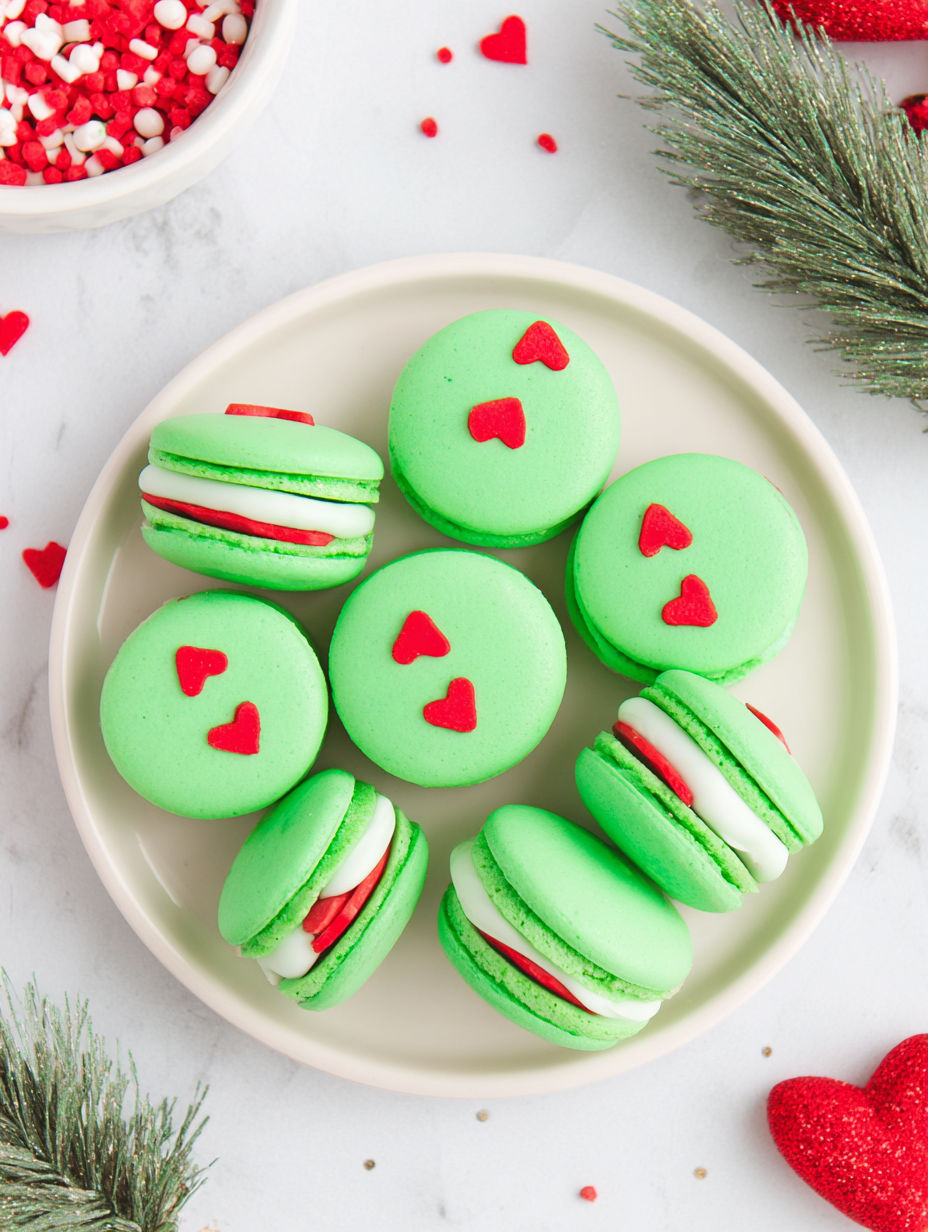 A plate of green and white cookies with hearts on them.