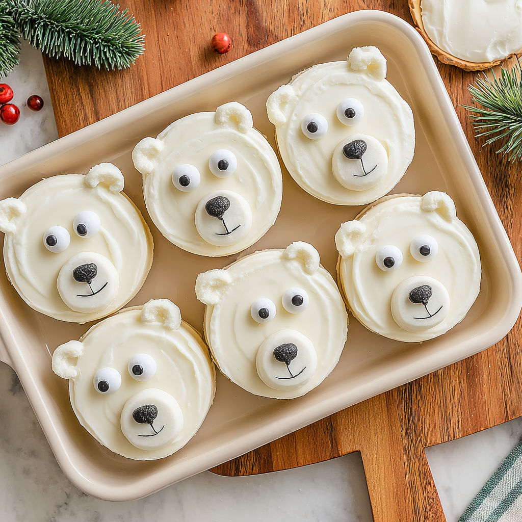 A tray of white frosted cookies shaped like polar bears.